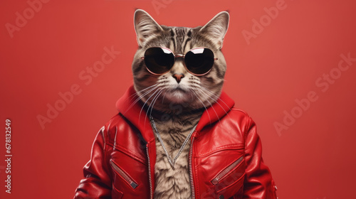 A cat looking fabulous in its trendy clothing,  having a great time photo