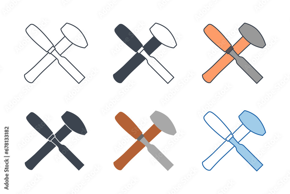 carpentry woodword mechanic hammer chisel cross icon collection with different styles. Chisel and Hammer icon symbol vector illustration isolated on white background carpentry woodword mechanic hammer chisel cross icon collection with different styles. Chisel and Hammer icon symbol vector illustration isolated on white background