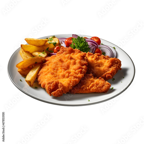 WienerSchnitzel served on a plate with lemon and French fries