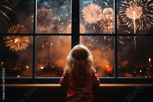 Little girl looks at fireworks in the night sky through the window.