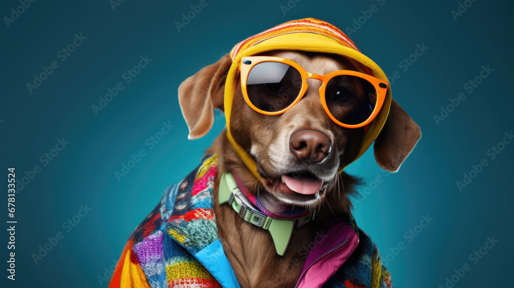 A cheerful dog,  adorned in bright clothing,  exuding a contagious sense of happiness