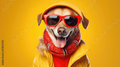 A cheerful dog,  adorned in bright clothing,  exuding a contagious sense of happiness © basketman23