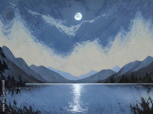 Moonlight Lake with Swans, oil-paint effect