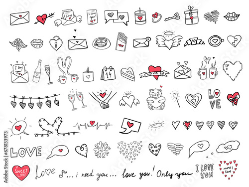 Big cute set of love elements. Vector doodle elements with hearts  love letters  envelopes with hearts for Valentine s Day greeting cards  posters  wrapping and design. Hand drawn