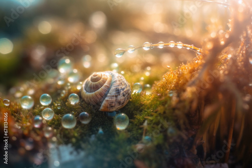 Close up of a shell in the water with dew drops