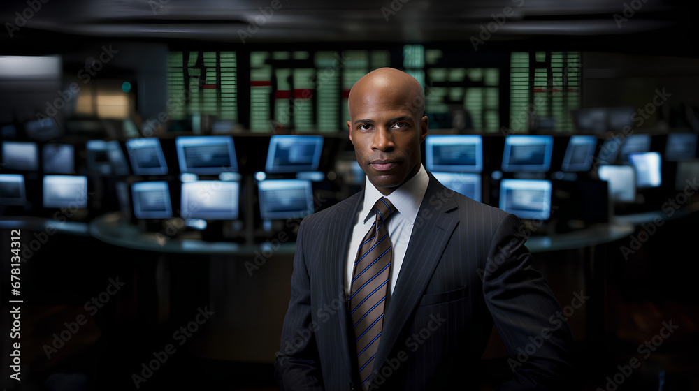 A man dressed up african american costumes working on the stock exchange trading, AI generated A man dressed up african american costumes working on the stock exchange trading, AI generated