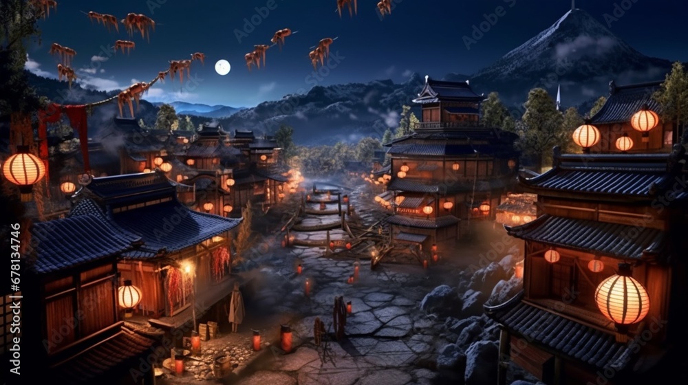 Obraz premium Eastern village mountains paper lantern car wallpaper image AI generated art