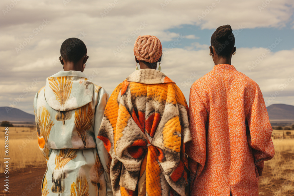 rear view of three person with Modern South African Fashion, aesthetic look