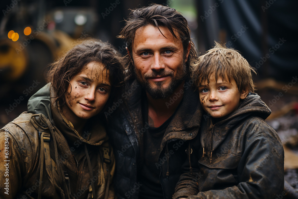 A family in the rain in dirty clothes. Refugees, victims of the fire. A family in the rain in dirty clothes. Refugees, victims of the fire.