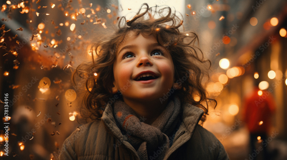 Portrait of a little girl with curly hair on the background of Christmas lights.
