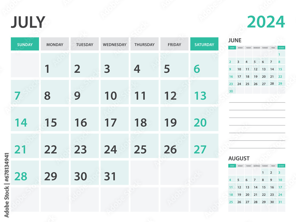Calendar 2024 template- July 2024 year, monthly planner, Desk Calendar 2024 template, Wall calendar design, Week Start On Sunday, Stationery, printing, office organizer vector Calendar 2024 template- July 2024 year, monthly planner, Desk Calendar 2024 template, Wall calendar design, Week Start On Sunday, Stationery, printing, office organizer vector