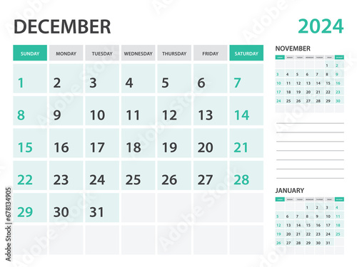 Calendar 2024 template- December 2024 year, monthly planner, Desk Calendar 2024 template, Wall calendar design, Week Start On Sunday, Stationery, printing, office organizer vector