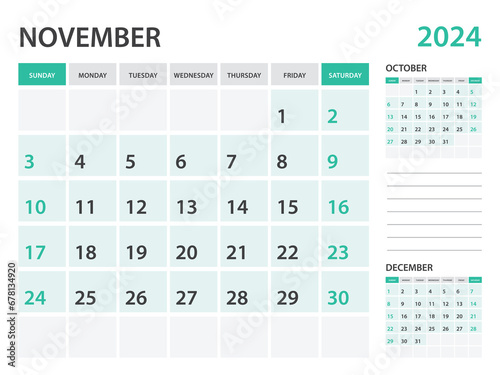 Calendar 2024 template- November 2024 year, monthly planner, Desk Calendar 2024 template, Wall calendar design, Week Start On Sunday, Stationery, printing, office organizer vector