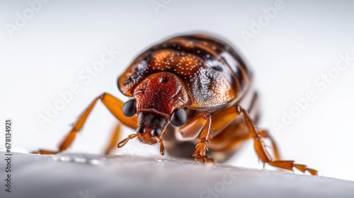 Bedbug Close up of Cimex hemipterus - bed bug on bed background , generated by AI © tino