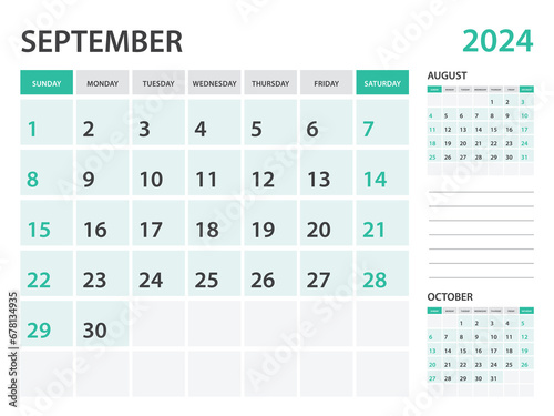 Calendar 2024 template- October 2024 year, monthly planner, Desk Calendar 2024 template, Wall calendar design, Week Start On Sunday, Stationery, printing, office organizer vector