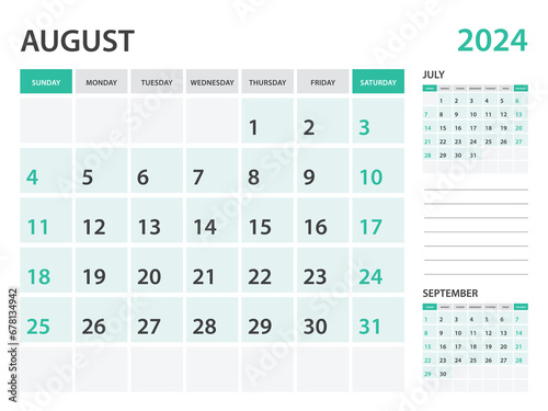 Calendar 2024 template- August 2024 year, monthly planner, Desk Calendar 2024 template, Wall calendar design, Week Start On Sunday, Stationery, printing, office organizer vector