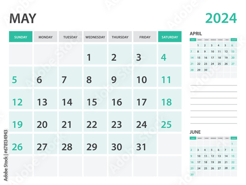 Calendar 2024 template- June 2024 year, monthly planner, Desk Calendar 2024 template, Wall calendar design, Week Start On Sunday, Stationery, printing, office organizer vector