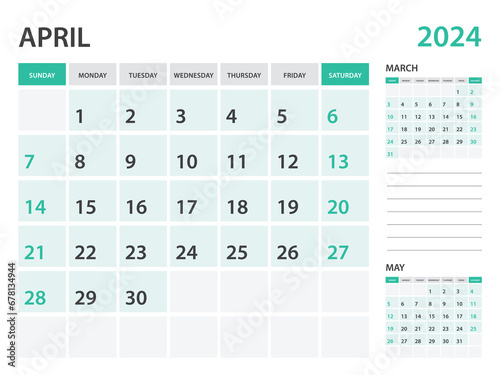 Calendar 2024 template- April 2024 year, monthly planner, Desk Calendar 2024 template, Wall calendar design, Week Start On Sunday, Stationery, printing, office organizer vector