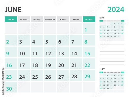 Calendar 2024 template- June 2024 year, monthly planner, Desk Calendar 2024 template, Wall calendar design, Week Start On Sunday, Stationery, printing, office organizer vector