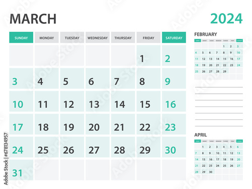 Calendar 2024 template- March 2024 year, monthly planner, Desk Calendar 2024 template, Wall calendar design, Week Start On Sunday, Stationery, printing, office organizer vector