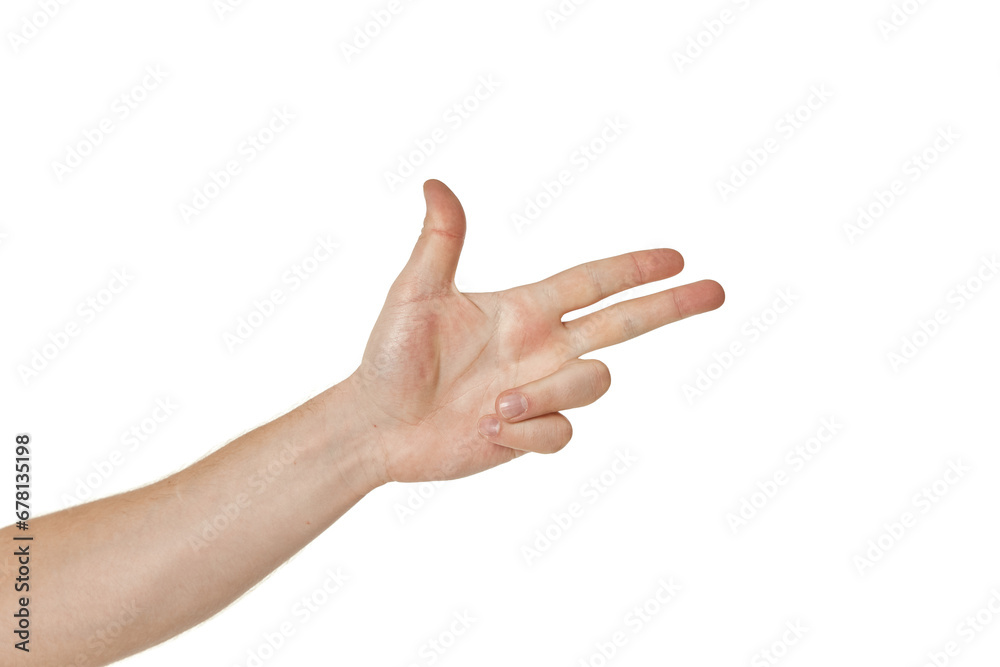 male hand making shooting gun gesture on white background. male hand making shooting gun gesture on white background.