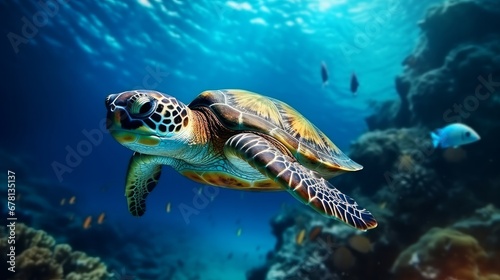 Sea Turtle Swimming in the Ocean: A New Quality, Universal, Colorful Technology Stock Image Illustration Design, Showcasing the Graceful Beauty of Marine Life.