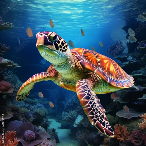 Sea Turtle Swimming in the Ocean: A New Quality, Universal, Colorful Technology Stock Image Illustration Design, Showcasing the Graceful Beauty of Marine Life. © Hokmiran