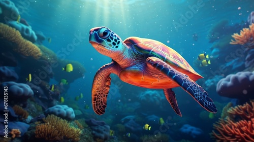 Sea Turtle Swimming in the Ocean: A New Quality, Universal, Colorful Technology Stock Image Illustration Design, Showcasing the Graceful Beauty of Marine Life. © Hokmiran