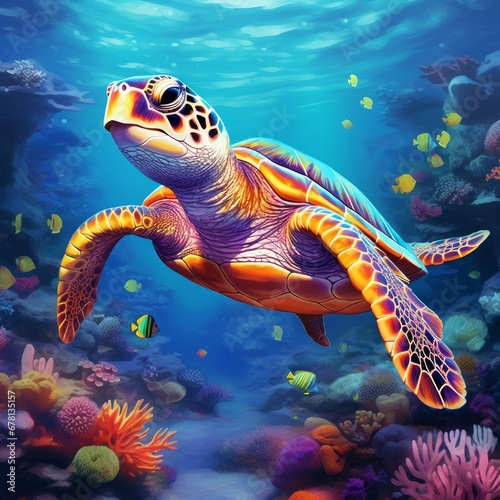 Sea Turtle Swimming in the Ocean: A New Quality, Universal, Colorful Technology Stock Image Illustration Design, Showcasing the Graceful Beauty of Marine Life. Generative AI