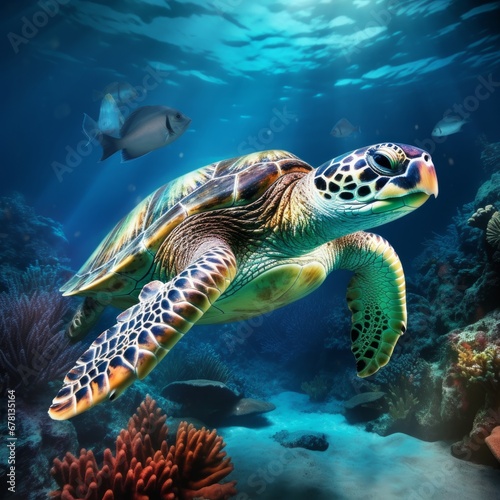 Sea Turtle Swimming in the Ocean: A New Quality, Universal, Colorful Technology Stock Image Illustration Design, Showcasing the Graceful Beauty of Marine Life.