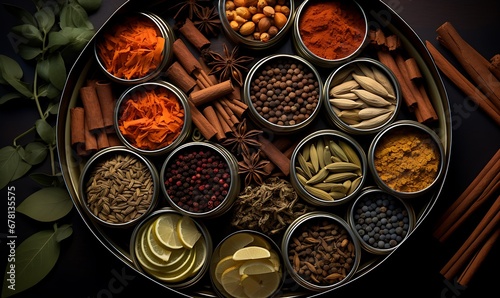 A variety of spices for Indian tea in metal cans, top view, photo