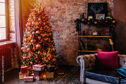 Warmly lit Christmas setting with a richly decorated tree and gifts, evoking a cozy, festive atmosphere