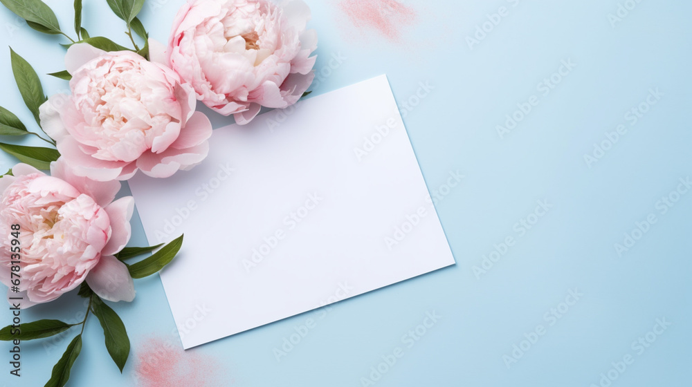 Elegant feminine wedding or birthday flat lay composition with pink peonies floral bouquet. Blank paper card, mockup, invitations. Flat-lay, top view on  pale blue background.