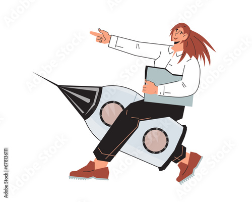 Business woman flying on rocket as metaphor of achieve career goals and success. Businesswoman starting a new venture or aiming for career advancement, flat vector illustration isolated.