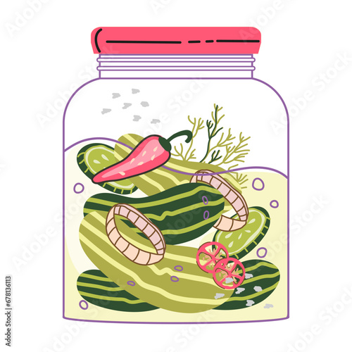 Homemade pickled preserved cucumbers in jar. Illustration of pickles and canned cucumbers for harvest preservation and food labels designs, vector illustration isolated on white.