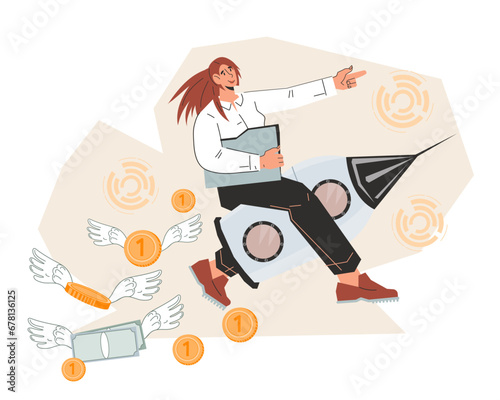 Business woman flying on rocket toward career goals and financial success. Businesswoman starting a new venture or career with profit, flat vector illustration isolated. Growth and success.