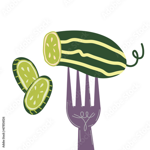 Vector illustration of homemade pickled or fresh cucumber on fork. Pickles and canned cucumbers icon for food packs, vector illustration isolated on white.
