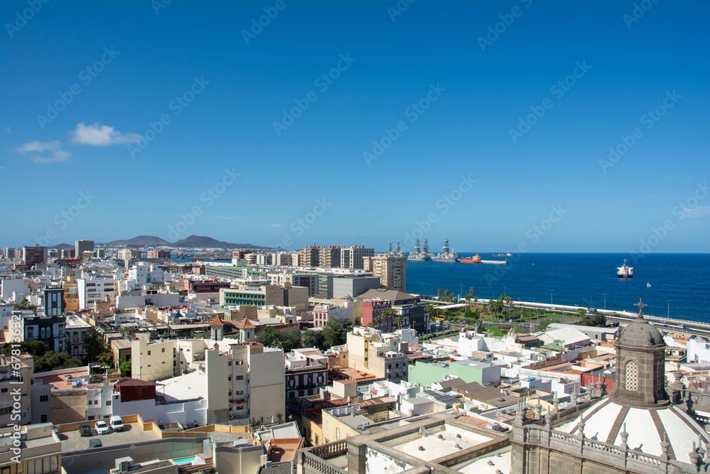 Town with part of the Santa Ana Cathedral and view of the harbor in Las Palmas on Gran Canaria, Spain