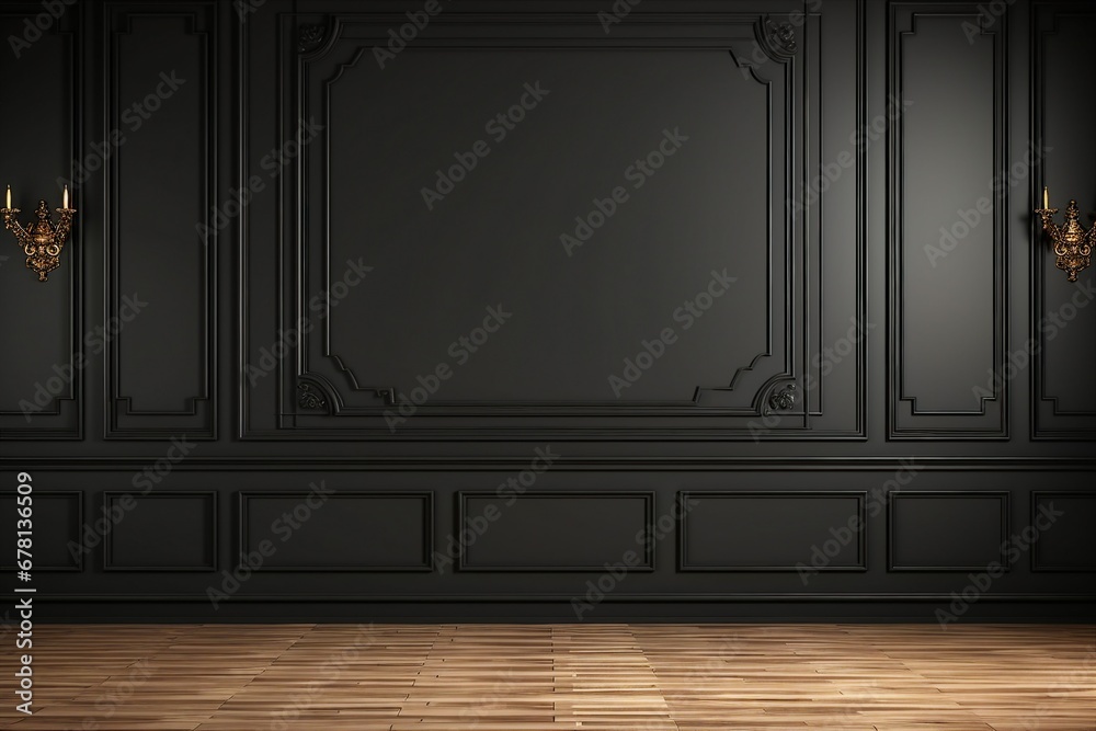 Modern classic black empty interior with wall panels and wooden floor. 3d render illustration mock up. generative ai. - obrazy, fototapety, plakaty 