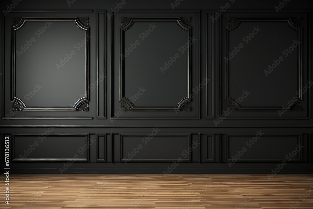 Modern classic black empty interior with wall panels and wooden floor. 3d render illustration mock up. generative ai. - obrazy, fototapety, plakaty 