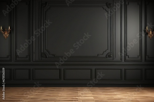 Modern classic black empty interior with wall panels and wooden floor. 3d render illustration mock up. generative ai. photo