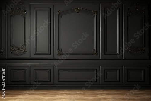 Modern classic black empty interior with wall panels and wooden floor. 3d render illustration mock up. generative ai.