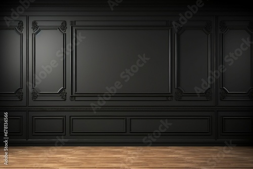Fototapeta Naklejka Na Ścianę i Meble -  Modern classic black empty interior with wall panels and wooden floor. 3d render illustration mock up. generative ai.