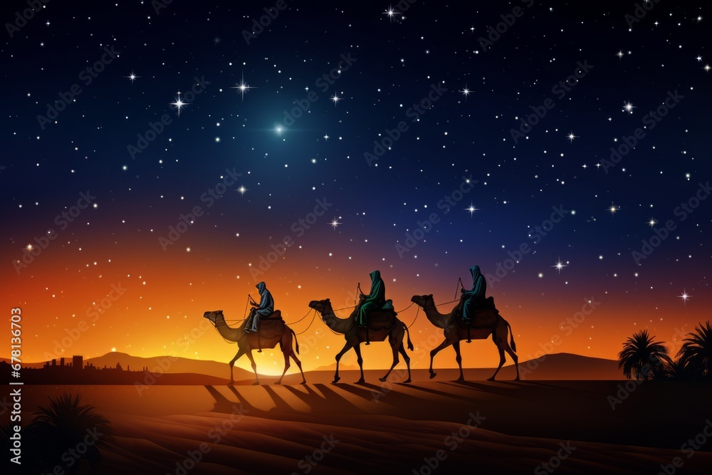 Fototapeta premium The Three Magi King of Orient, The Three Wise Men Illustration, Melchior, Caspar and Balthasar, Epiphany Celebration, christmas card wallpaper banner