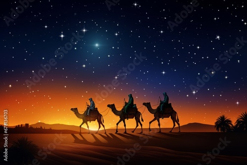 The Three Magi King of Orient, The Three Wise Men Illustration, Melchior, Caspar and Balthasar, Epiphany Celebration, christmas card wallpaper banner photo