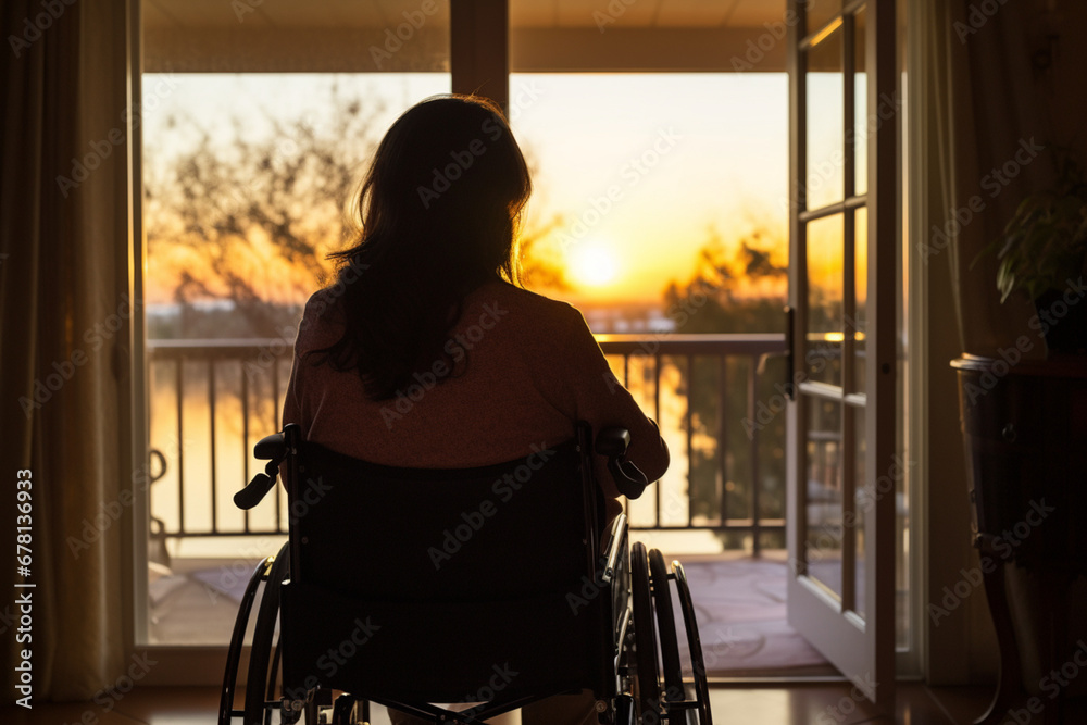 rear view of Woman in wheelchair in front of open window in her apartment watching sunset, aesthetic look rear view of Woman in wheelchair in front of open window in her apartment watching sunset, aesthetic look