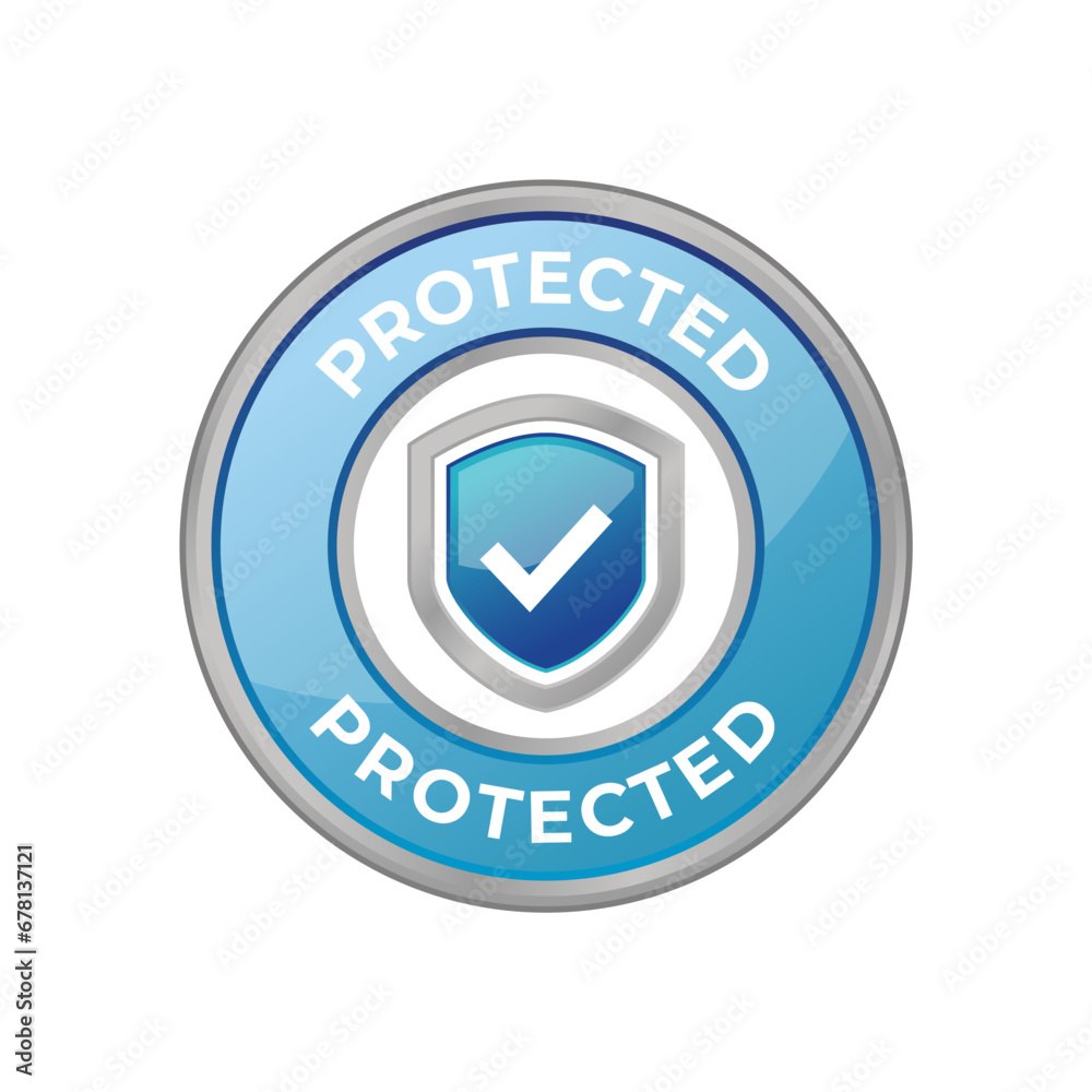 Protection, protected shield concept with banner. Safety badge icon. Security label. Vector illustration Protection, protected shield concept with banner. Safety badge icon. Security label. Vector illustration