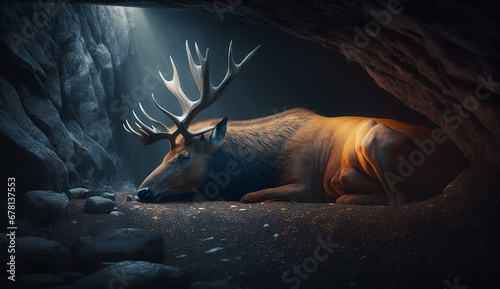 Elk herd animal sleep cave pictures AI Generated Photo