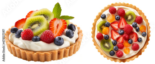 Fruit tart bundle with a buttery crust and pastry cream isolated on white background, food collection photo