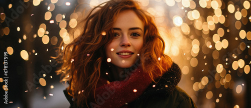 Beautiful young woman with red curly hair on the background of bokeh lights.